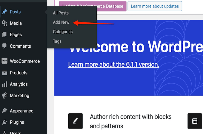 WordPress dashboard with red arrow pointing to add new post option