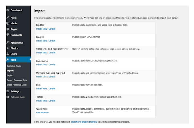 WordPress dashboard with Tools selected and Import screen displayed