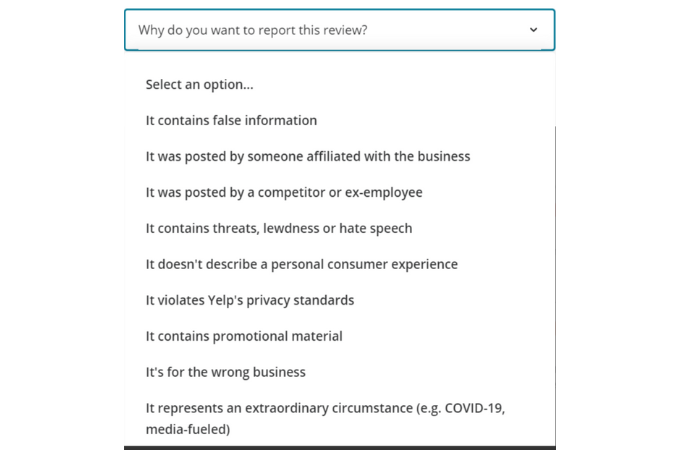 A dropdown of reasons for why you want to report a Yelp review