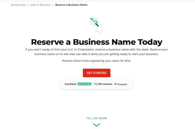 ZenBusiness name reservation page
