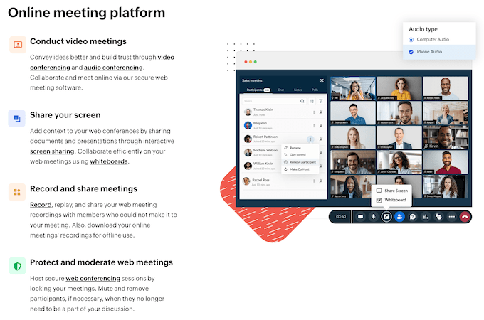 Screenshot of Zoho Meeting webpage with a list of online meeting features