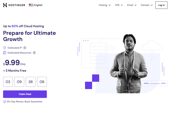 Hostinger's cloud hosting landing page promoting plans at $9.99 per month