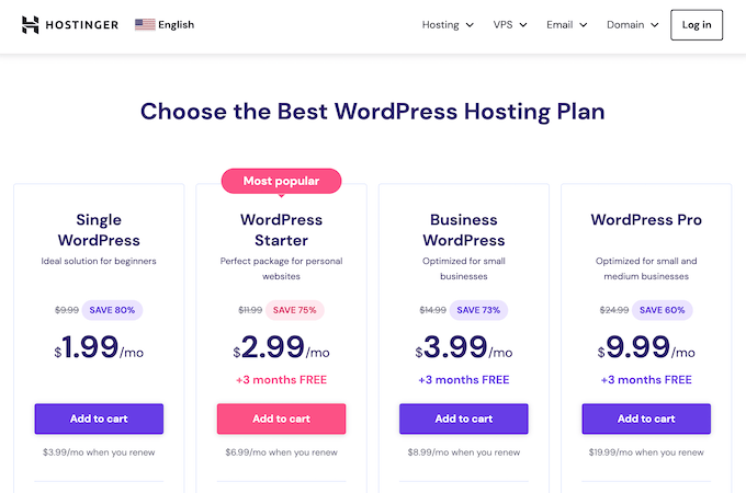 WordPress hosting plan pricing for Hostinger