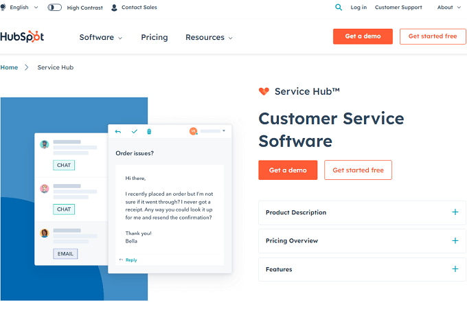 HubSpot customer service software landing page