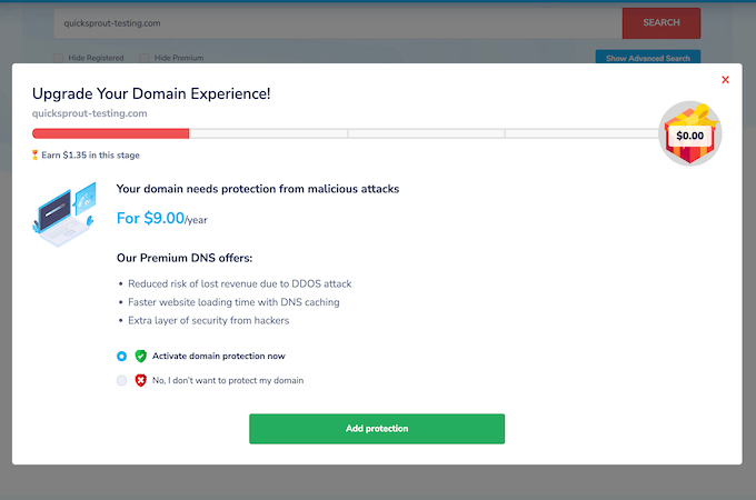 NameSilo domain checkout with the option to add a Premium DNS.
