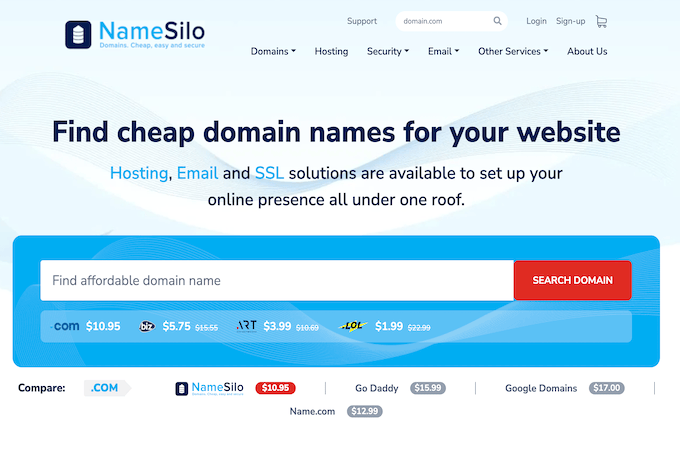 NameSilo home screen for domain registration