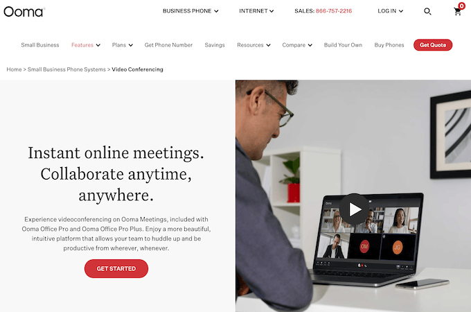 Ooma video conferencing page with a man on a video conference on a computer