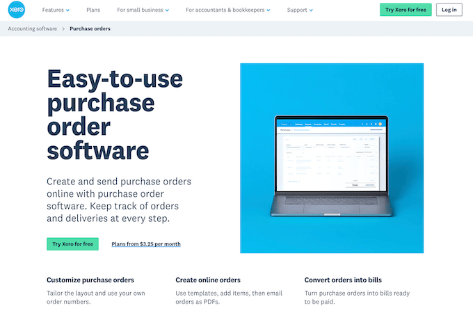 Xero purchase orders landing page, showing a laptop open with purchase orders on the screen