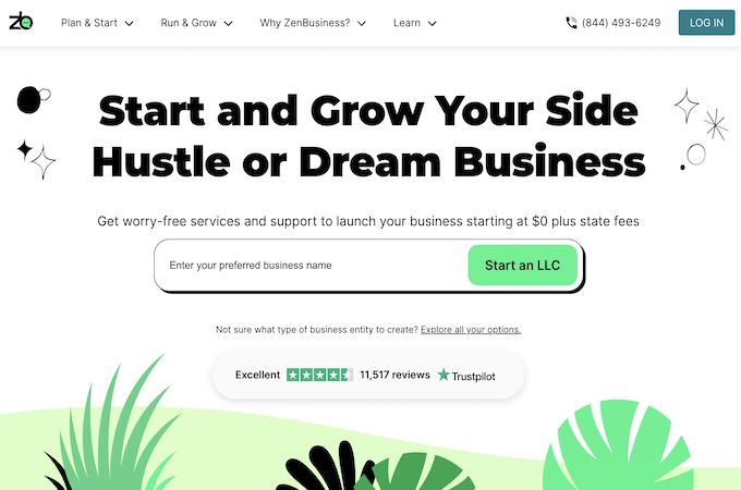 ZenBusiness homepage showing how easy it is to start a business or side hustle