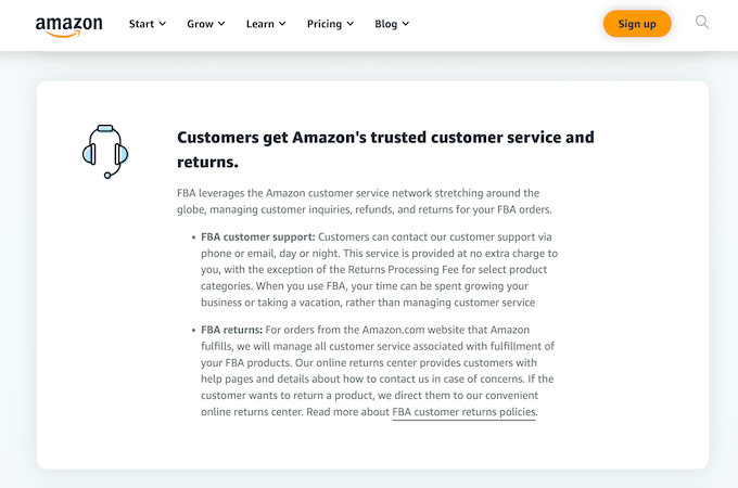 An explanation of how customers get Amazon's trusted customer service and returns with FBA