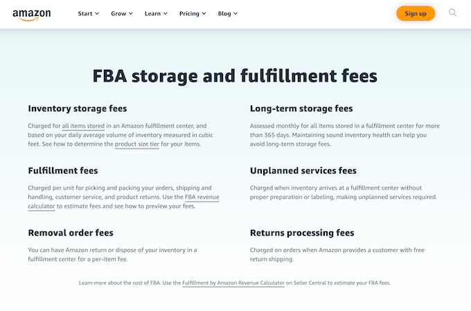 List of Amazon FBA storage and fulfillment fees