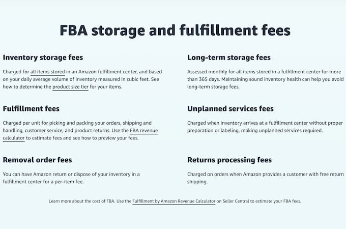 A list of FBA storage and fulfillment fees