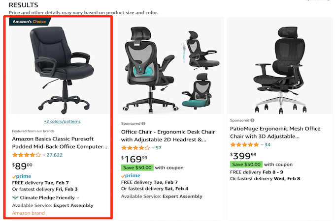Amazon search results for office chairs with a red box around an Amazon Basics brand chair