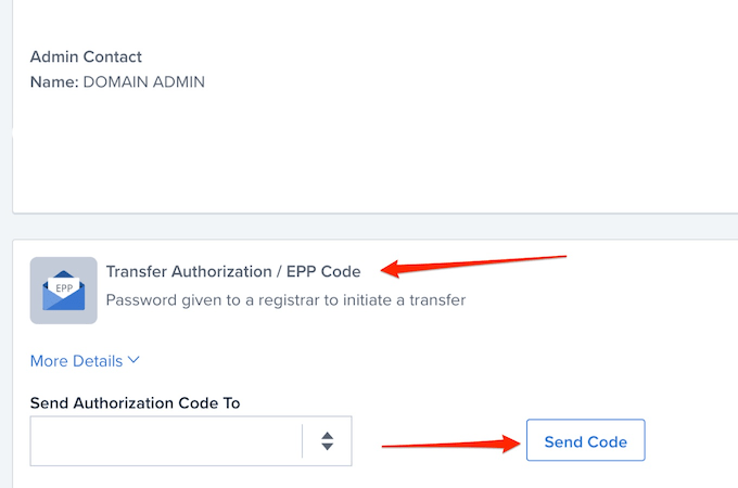 Bluehost dashboard with red arrows pointing to Transfer Authorization/EPP Code heading and Send Code button
