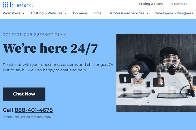 Bluehost customer service landing page