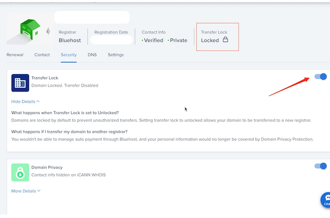 Bluehost security dashboard with red arrow pointing to transfer lock toggle
