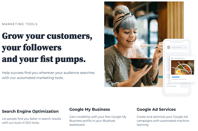 Bluehost Marketing Tools webpage highlighting SEO, Google My Business, and Google Ad Services