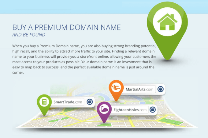 BuyDomains.com landing page with header that says "Buy A Premium Domain Name And Be Found" and a short blurb about the benefits of buying a premium domain name