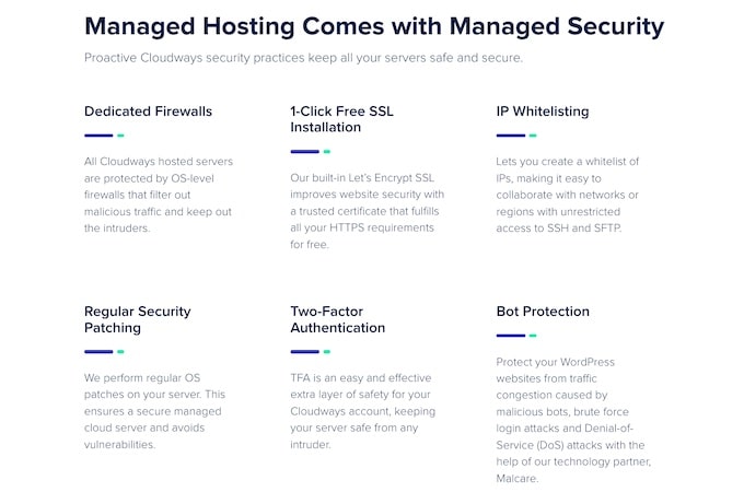 Image of list of security services offered by Cloudways. 