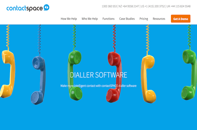 contactSPACE dialing software landing page with yellow, blue, green, and red-corded phones hanging in the background.