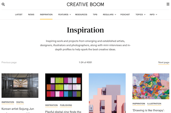 Creative Boom landing page for Inspiration