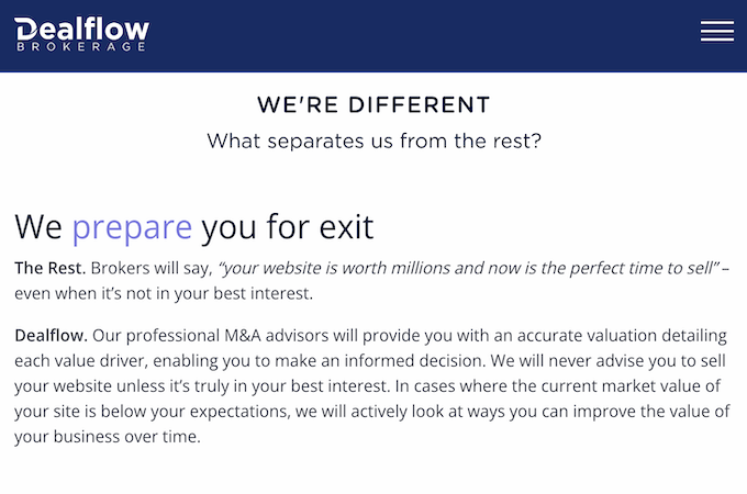 Dealflow landing page for selling your website with an explanation of how Dealflow Brokerage is different from other brokers
