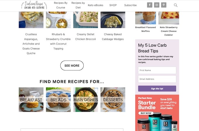 Divalicious Recipes website homepage with email signup form on sidebar. 