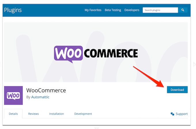 WooCommerce plugin page with red arrow pointing to Download button