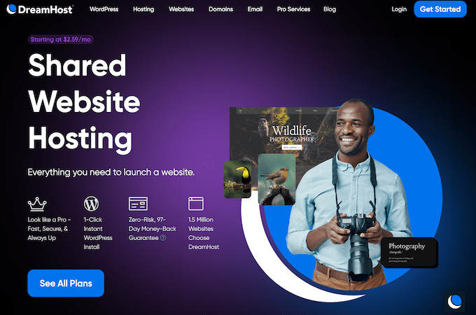 DreamHost shared web hosting landing page