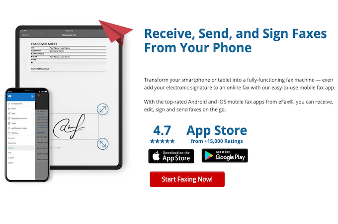 eFax mobile app on a mobile phone and tablet with header that says "Receive, Send, and Sign Faxes From Your Phone"