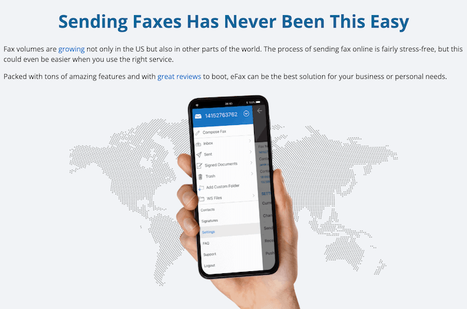 eFax mobile app on a mobile phone with header that says "Sending Faxes Has Never Been This Easy"