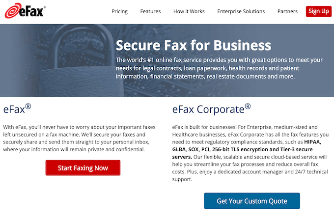 eFax secure fax for business landing page