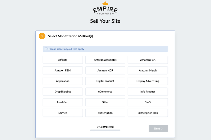 A list of monetization methods to select when selling your website with Empire Flippers