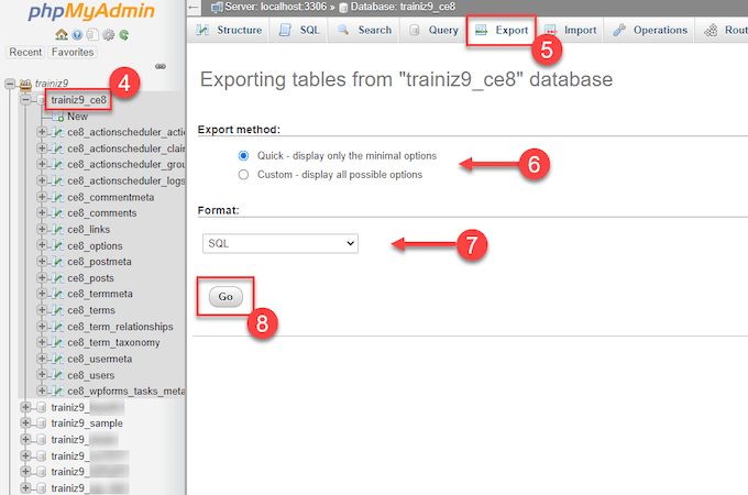 phpMyAdmin app with red square around Export option and red arrows directing user where to click