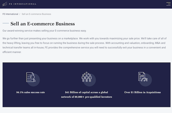 FE International landing page for selling an ecommerce business
