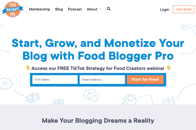 Food Blogger Pro free webinar landing page