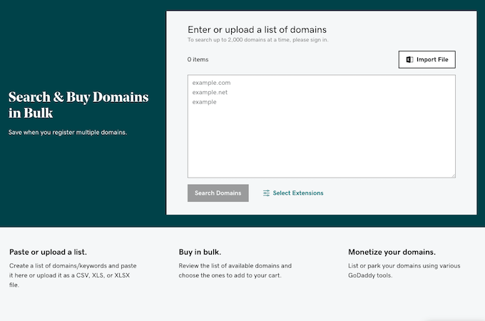 GoDaddy webpage for searching and buying domains in bulk with a text box to bulk search for domains