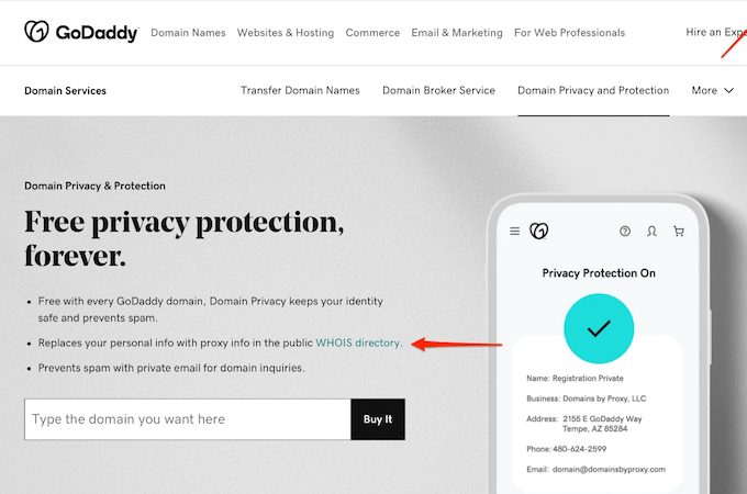 GoDaddy Domain Privacy and Protection landing page