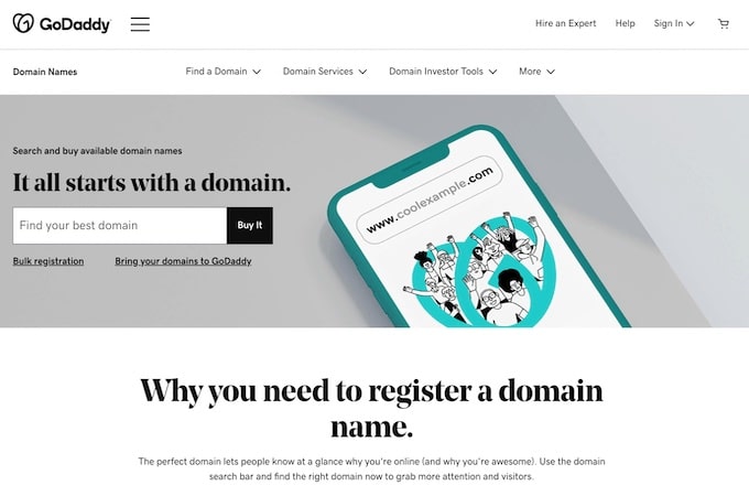 GoDaddy’s domain registration page with a search bar to enter domain names.