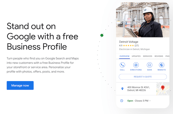 Google Business landing page