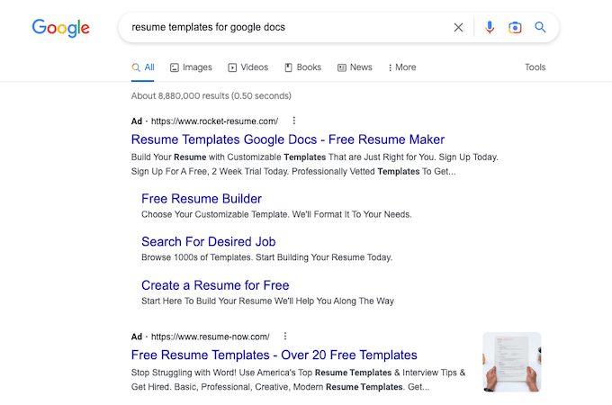 Google search results for "resume templates for google docs" showing two ads at the top of the results list