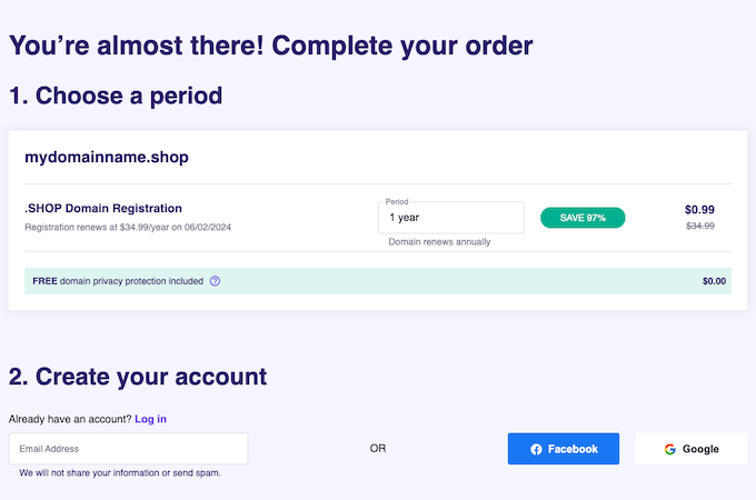 Hostinger domain checkout page