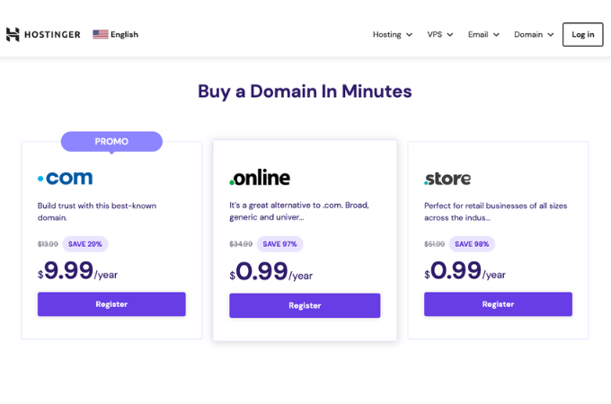 Hostinger pricing for .com, .online, and .store extensions