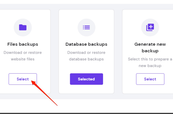 Hostinger backup options with a red arrow pointing to the Select button under "Files backups - Download or restore website files"