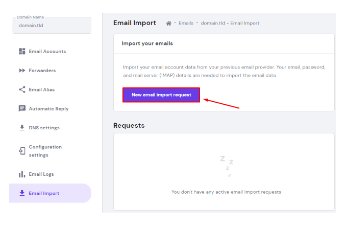Hostinger Email Import dashboard with red arrow pointing to "New email import request" button