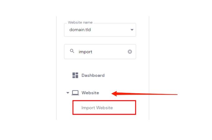 Hostinger dashboard with a red arrow pointing to Website and a red box around Import Website