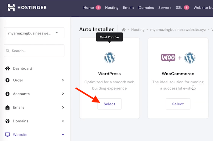 Hostinger dashboard with a red arrow pointing to the Select button under WordPress
