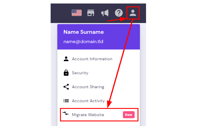 Hostinger user dashboard with red arrow poiniting to Migrate Website option