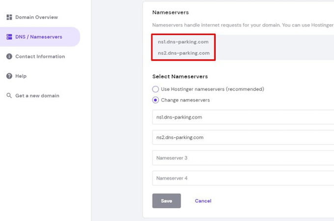 Hostinger DNS/Nameservers dashboard