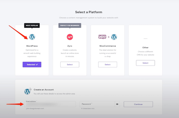 Hostinger dashboard to select a platform with red arrow pointing to WordPress